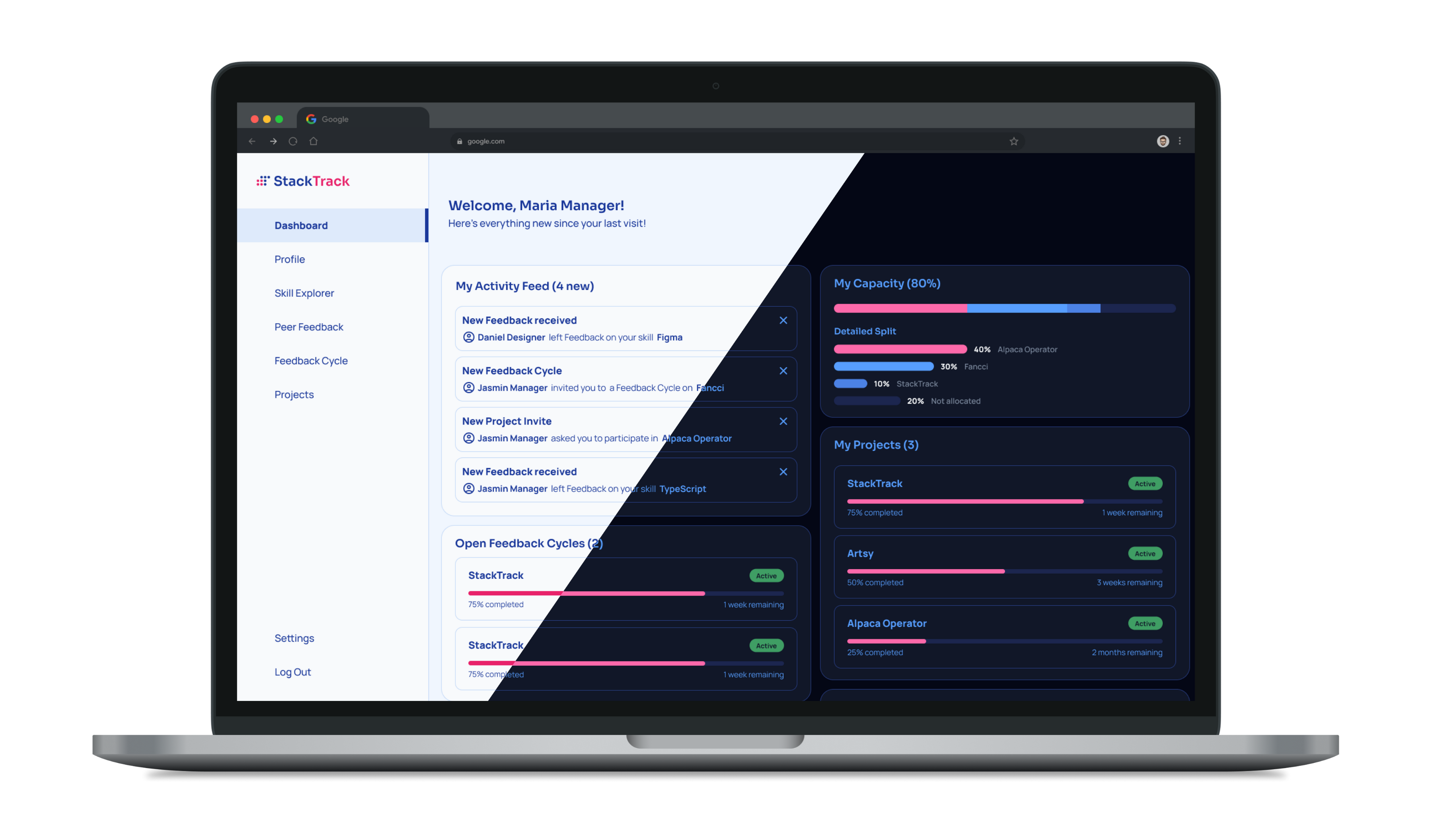 StackTrack Dashboard Screen StackTrack Dashboard, divided in the middle to showcase lightmode and darkmode versions.